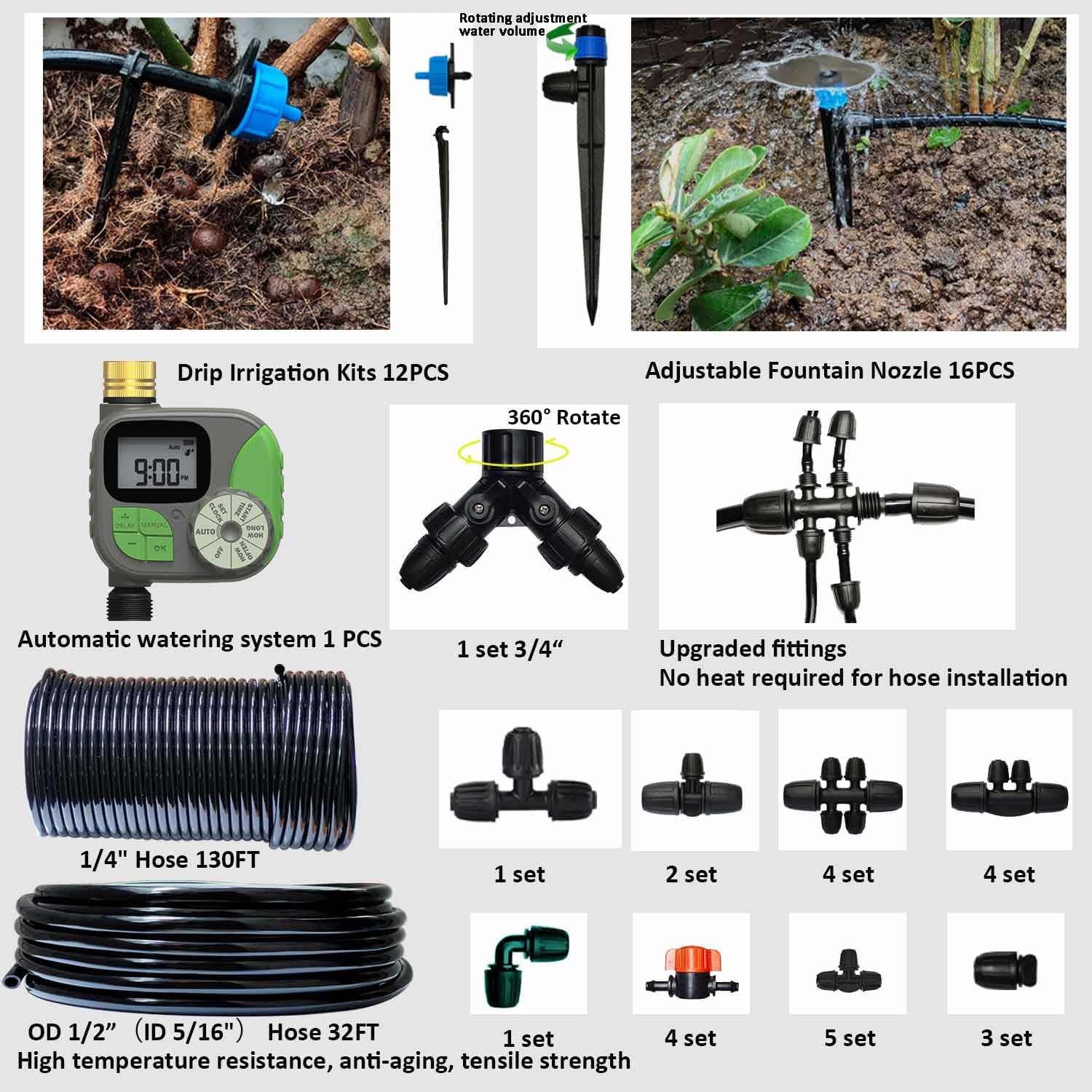 Drip Irrigation System with Water Timer Auto Watering System for Garden 5/16“ID and 1/4 Inch Pipe 162ft Adjustable