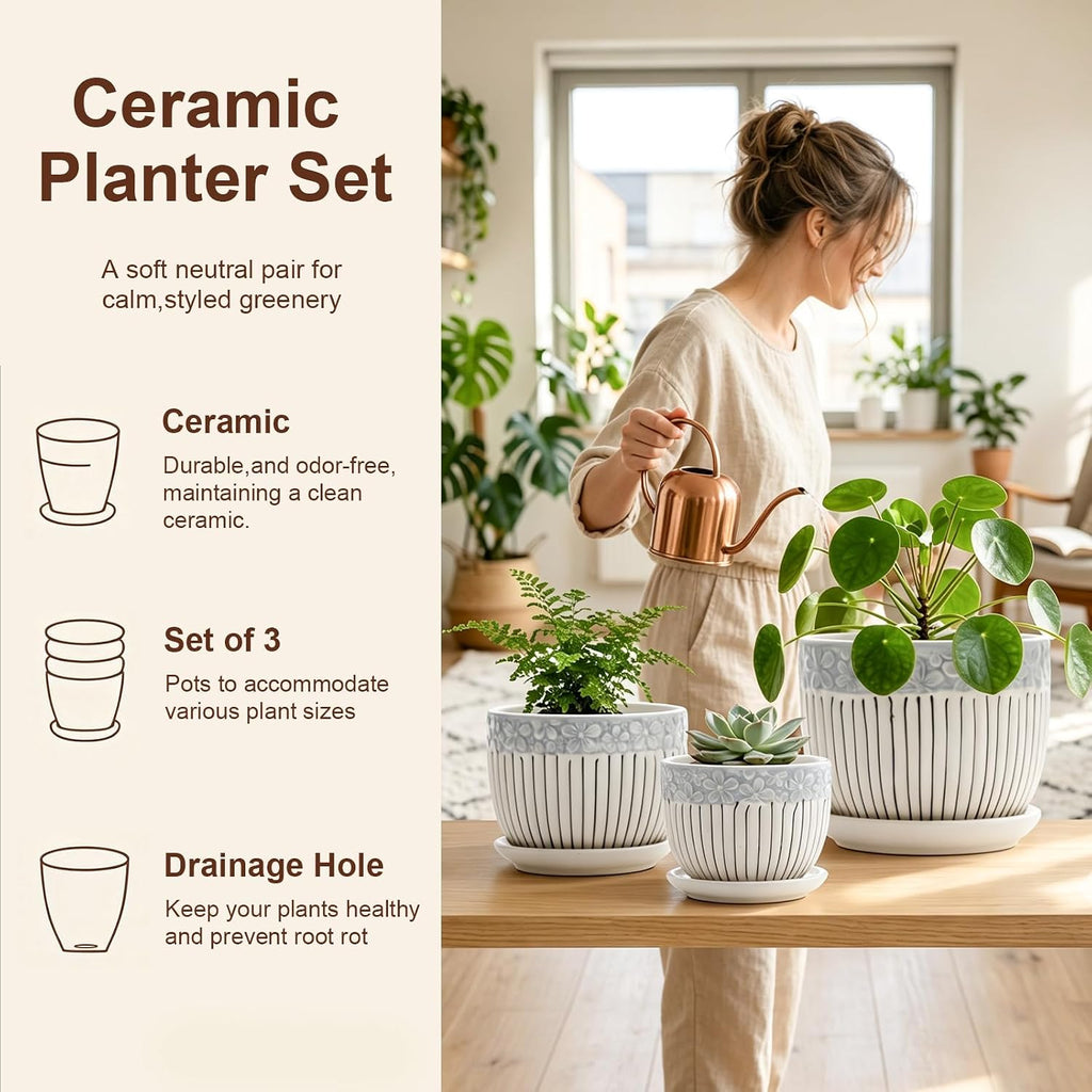 Gray Flower Pots, Texture Ceramic Plant Pots for Indoor Plants Set of 3 | Planters with Saucer | Cute Garden Pots