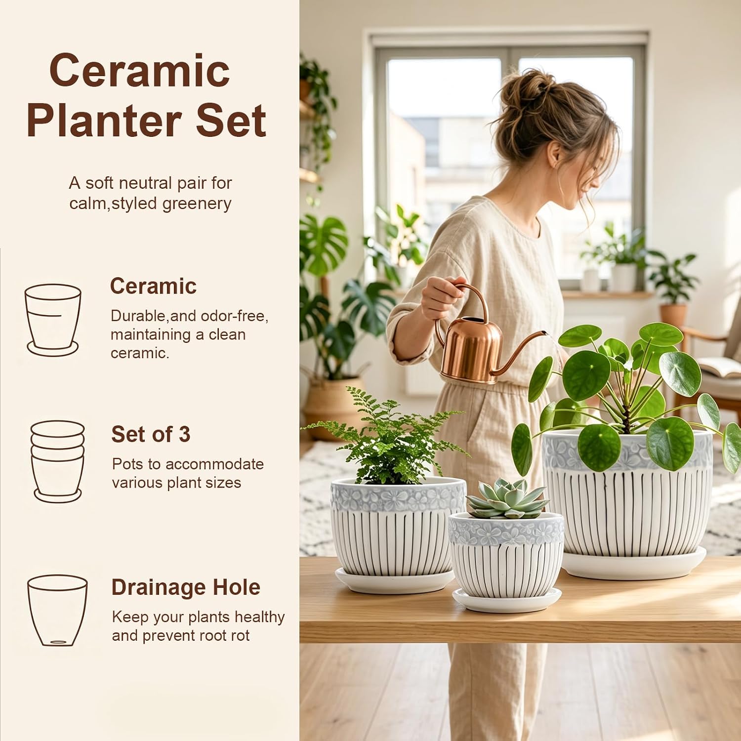 Gray Flower Pots, Texture Ceramic Plant Pots for Indoor Plants Set of 3 | Planters with Saucer | Cute Garden Pots
