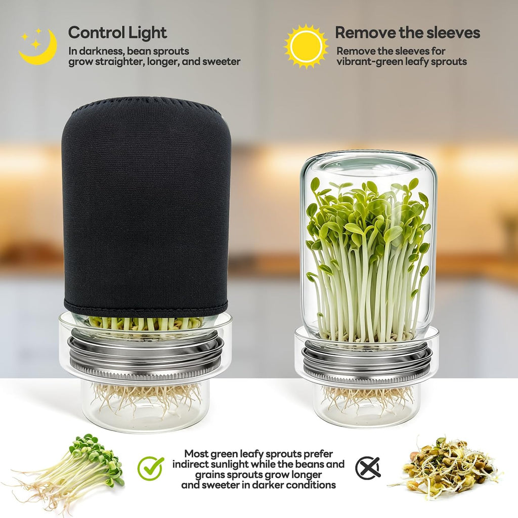 1000ml Sprouting Kit - 2 Sprouting Jar Kits, Wide Mouth Quart Mason Jars with Sprout Lids, Blackout Sleeves, Drain