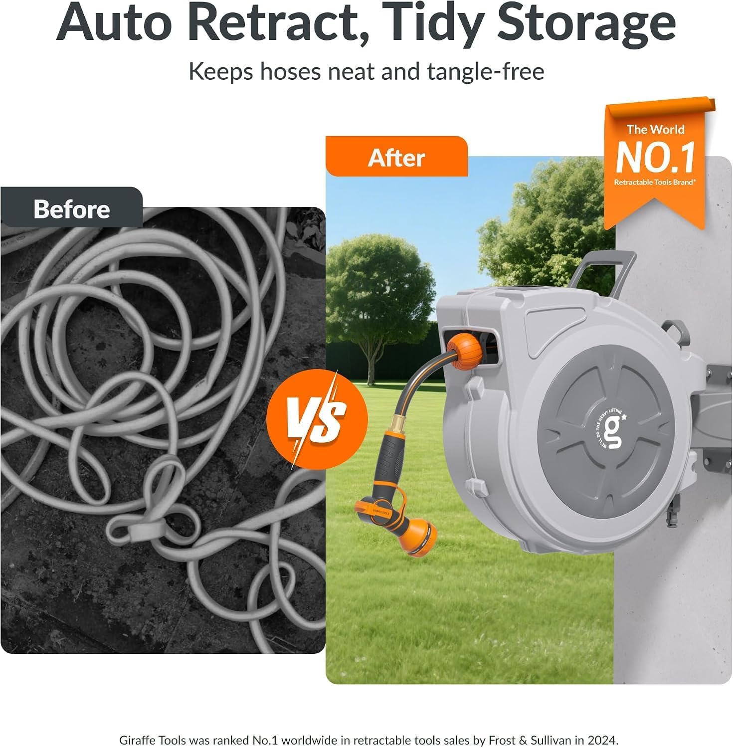 Giraffe Tools Retractable Hose Reel 1/2" x 65 ft Wall Mount Auto Rewind | Garden Hose Reel Heavy Duty,Any Length