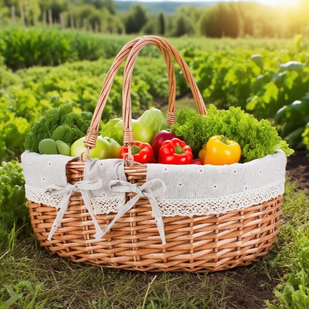 Large Wicker Woven Picnic Basket w/Handle for Camping & Harvest | White Floral Lining, Removable & Washable; Ideal for