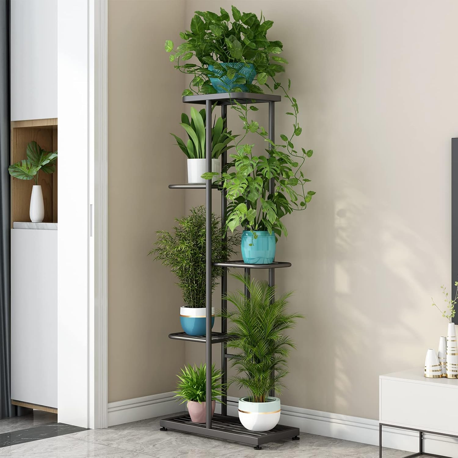 LINZINAR 5 Tier Plant Stand Indoor Outdoor Metal Flower Pot Display Shelf | Space Saving,6 Potted Multiple Flower Pot