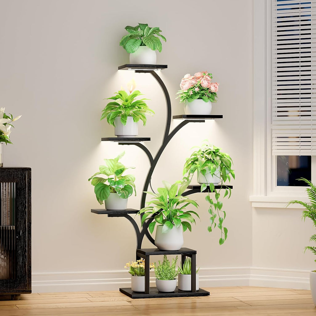 BACEKOLL Plant Stand Indoor with Grow Light, 7 Tier 49" Lighted Plant Shelf | Tree-Shaped Tall Holder with Full