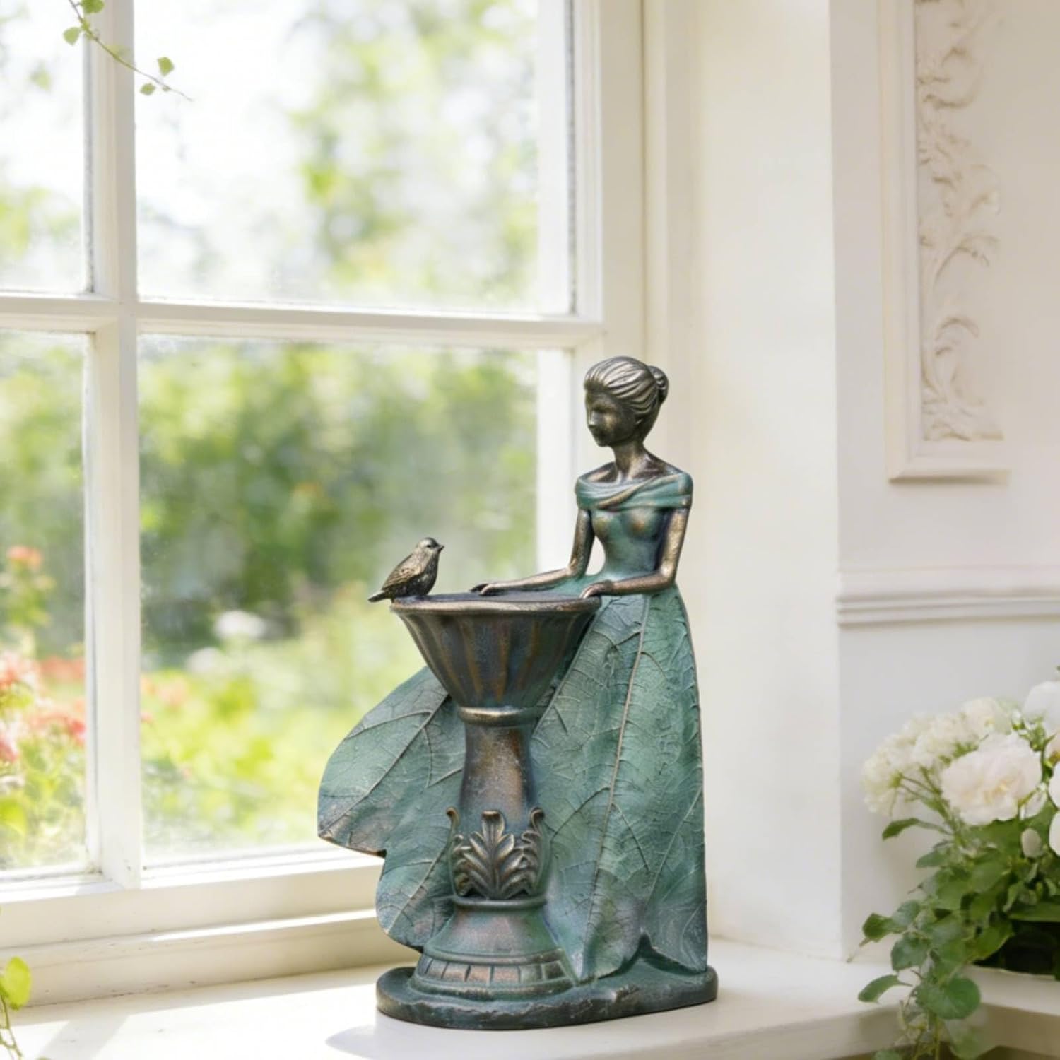DiliComing Fairy Outdoor Statue Garden Decor with Solar Birdbath 12 Inch | Resin Leaf Girls Birdbath Sculpture