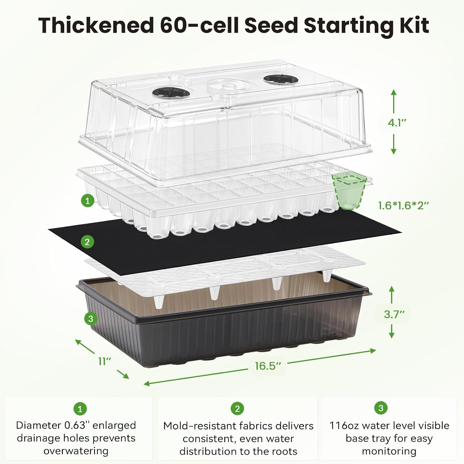 BAOSHISHAN Seed Starter Tray with Grow Light - 60 Cells Self-Watering | 24/7 LED Grow Light, 4'' Humidity Dome, Ideal
