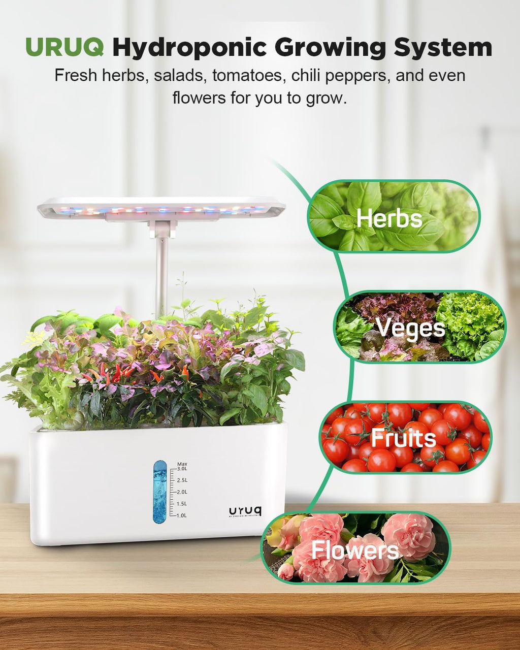 8 Pods Hydroponics Growing System with LED Grow Light - White | Quiet Water Pump, Automatic Timer, Adjustable Height