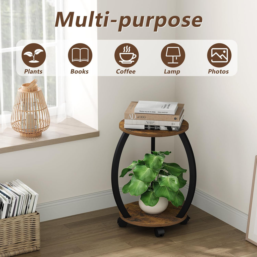 YINMIT Plant Stand Indoor with Wheels, 2 Tier 18.5 In Tall Plant Stand | Wood Flower Pot Plant Shelf, Round Corner