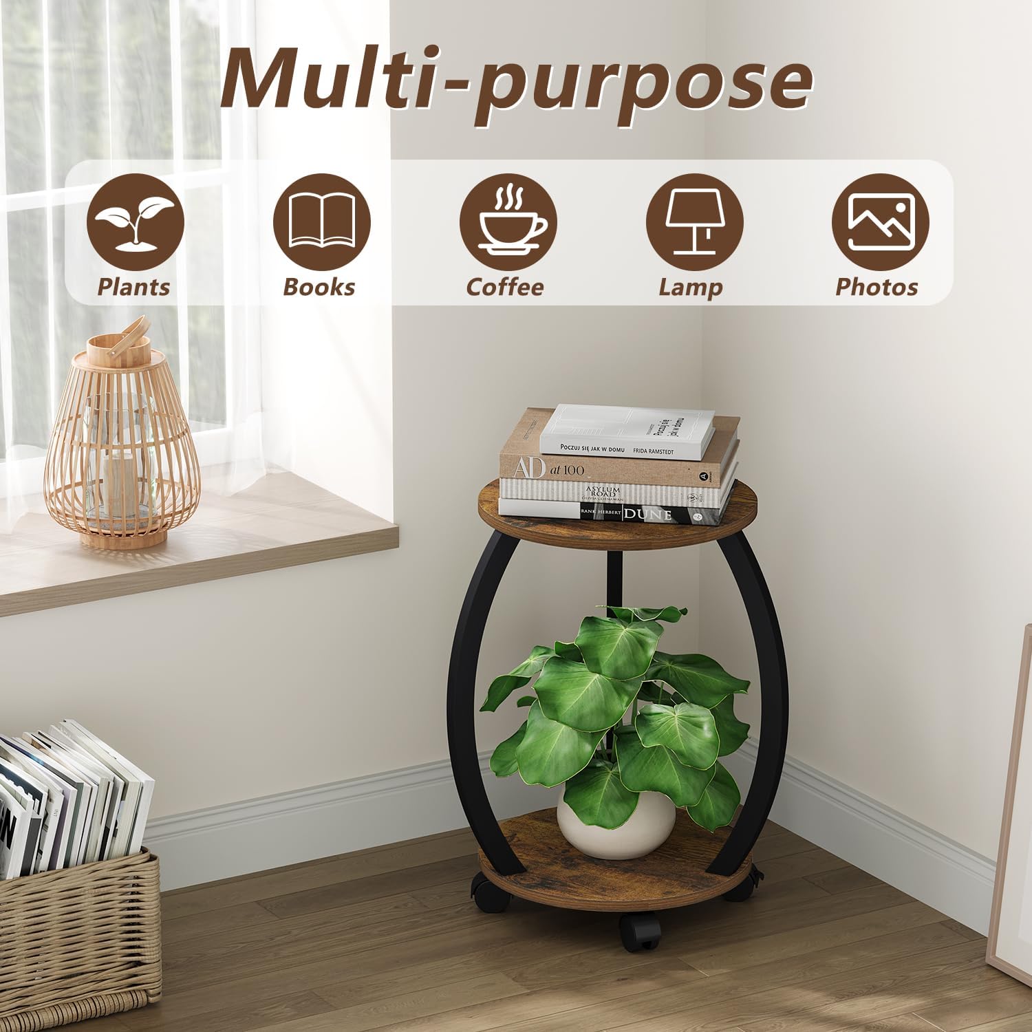 YINMIT Plant Stand Indoor with Wheels, 2 Tier 18.5 In Tall Plant Stand | Wood Flower Pot Plant Shelf, Round Corner