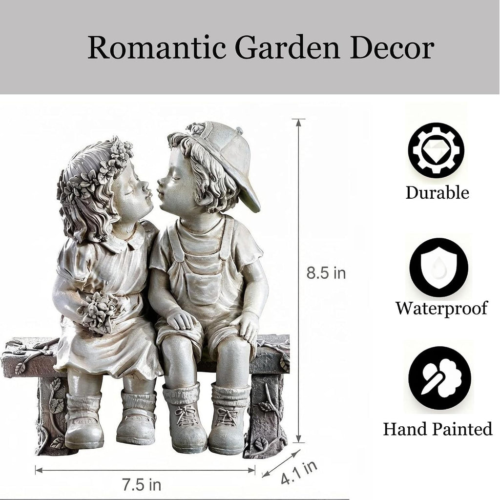 Garden First Kiss Outdoor Statue Decorative, Flower Bed Decor Puppy Love Kissing Couple,Boy and Girl Kissing Garden