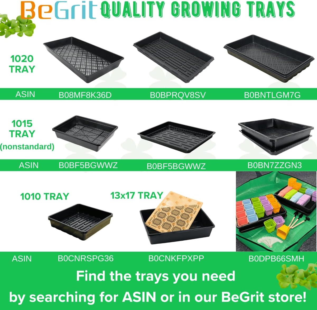 BeGrit 1010 Growing Trays Extra Strength Seed Tray 10" x 10" Without Drain Holes for Seedling Starter Microgreens