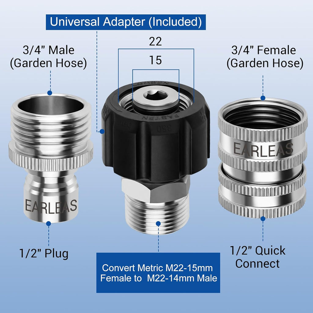 Pressure Washer Quick Connect Kit, 9-Piece Stainless Steel Adapter Set, M22-14mm to 3/8" Quick Disconnect with M22-15mm