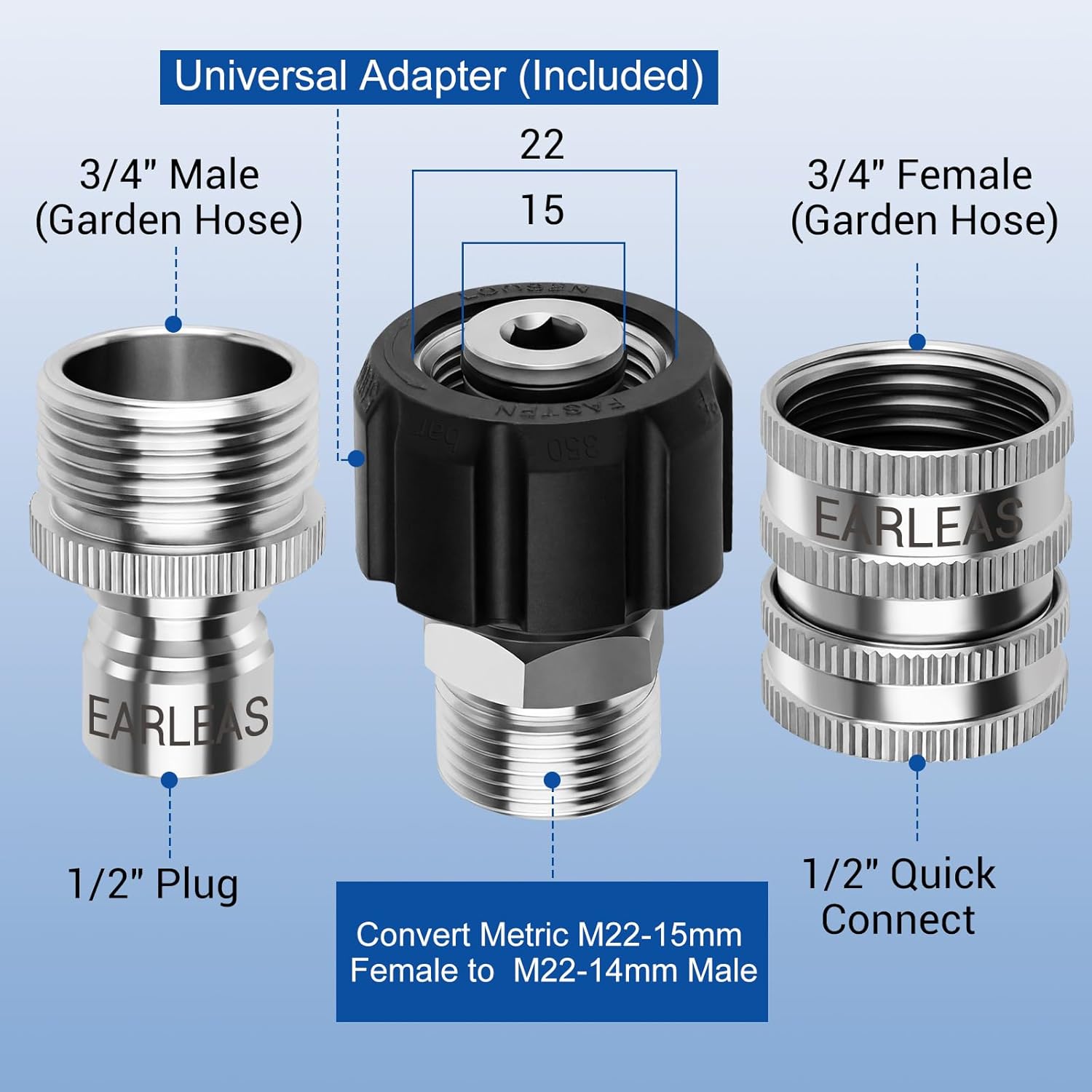 Pressure Washer Quick Connect Kit, 9-Piece Stainless Steel Adapter Set, M22-14mm to 3/8" Quick Disconnect with M22-15mm