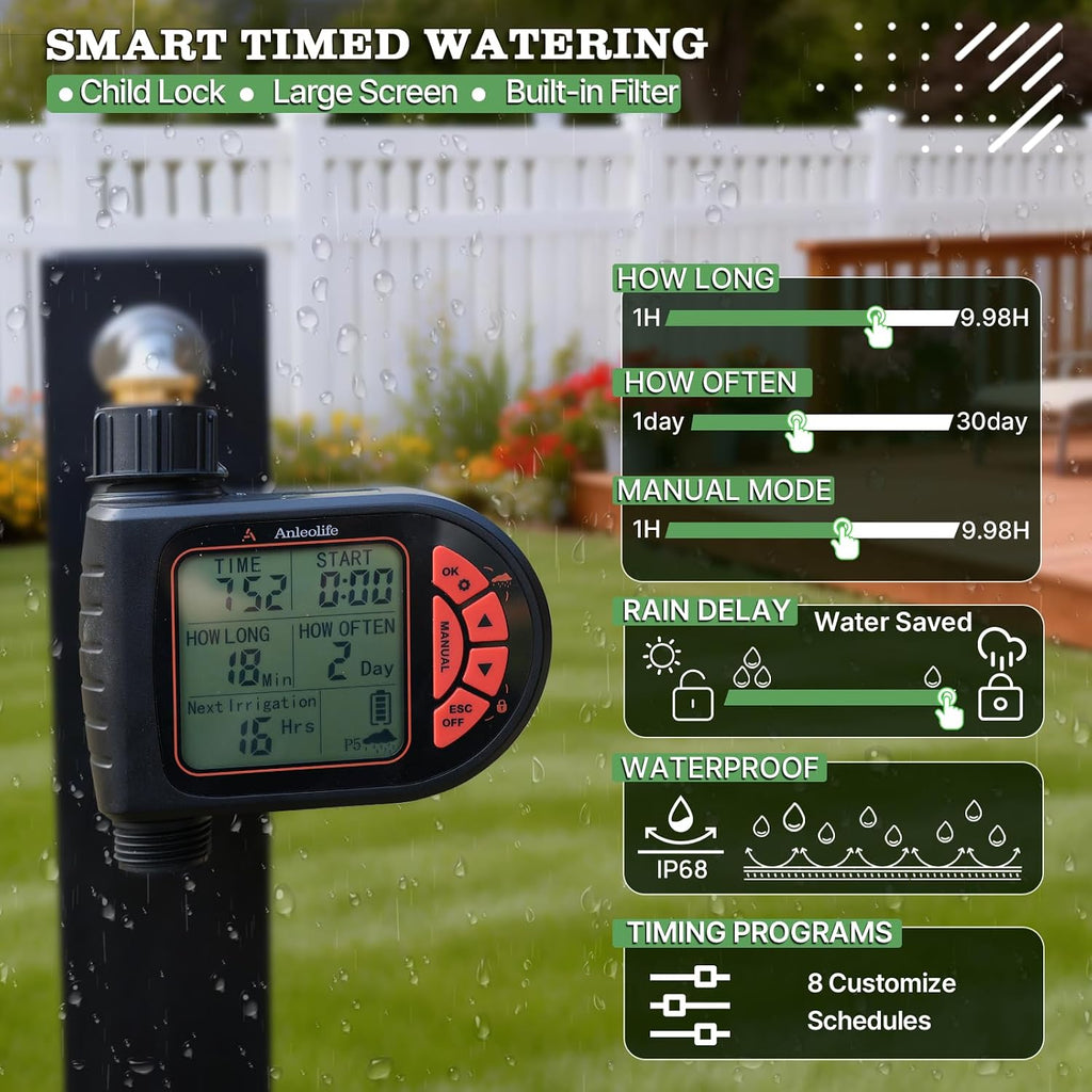 Anleolife 82.4FT Automatic Drip Irrigation System Kit with Water Timer | 8 Programs & LCD Timer, Quick-Connect System