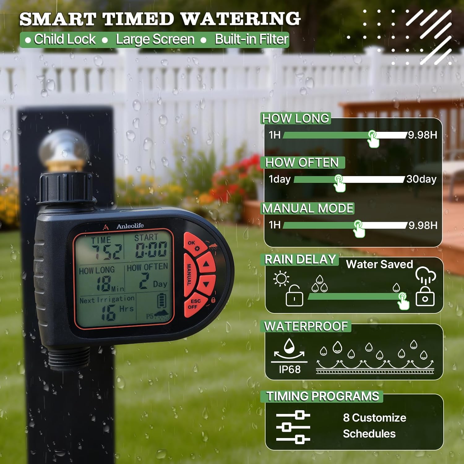 Anleolife 82.4FT Automatic Drip Irrigation System Kit with Water Timer | 8 Programs & LCD Timer, Quick-Connect System