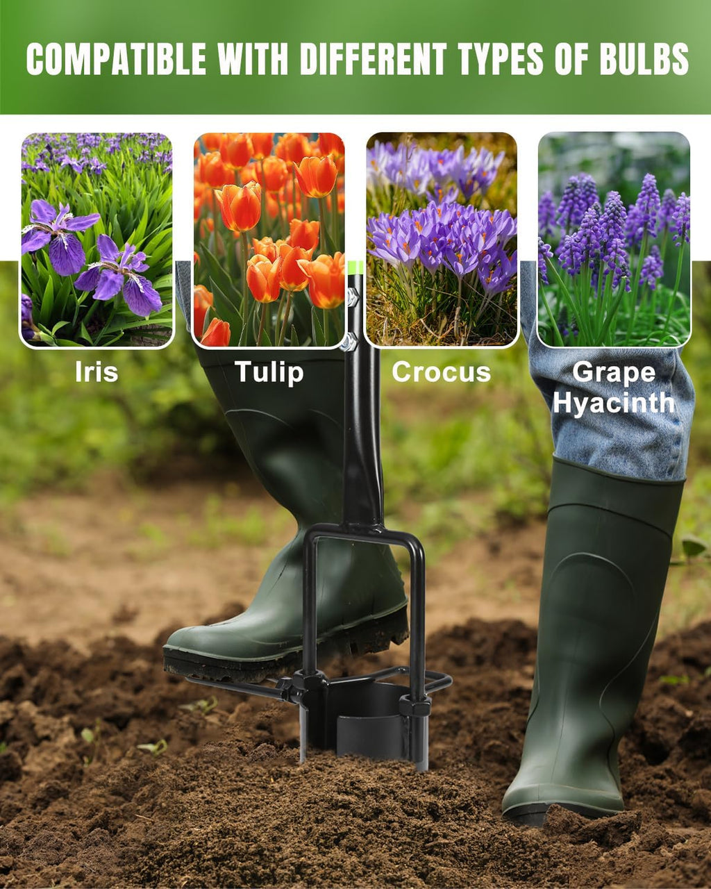 30in Long Handle Bulb Planter Tool, 5 in 1 Lawn Tool with Serrated Base | Sod cutter, Grass plugger, Weeding &
