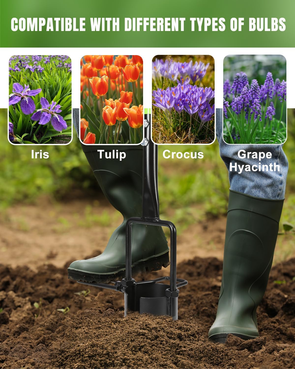 30in Long Handle Bulb Planter Tool, 5 in 1 Lawn Tool with Serrated Base | Sod cutter, Grass plugger, Weeding &