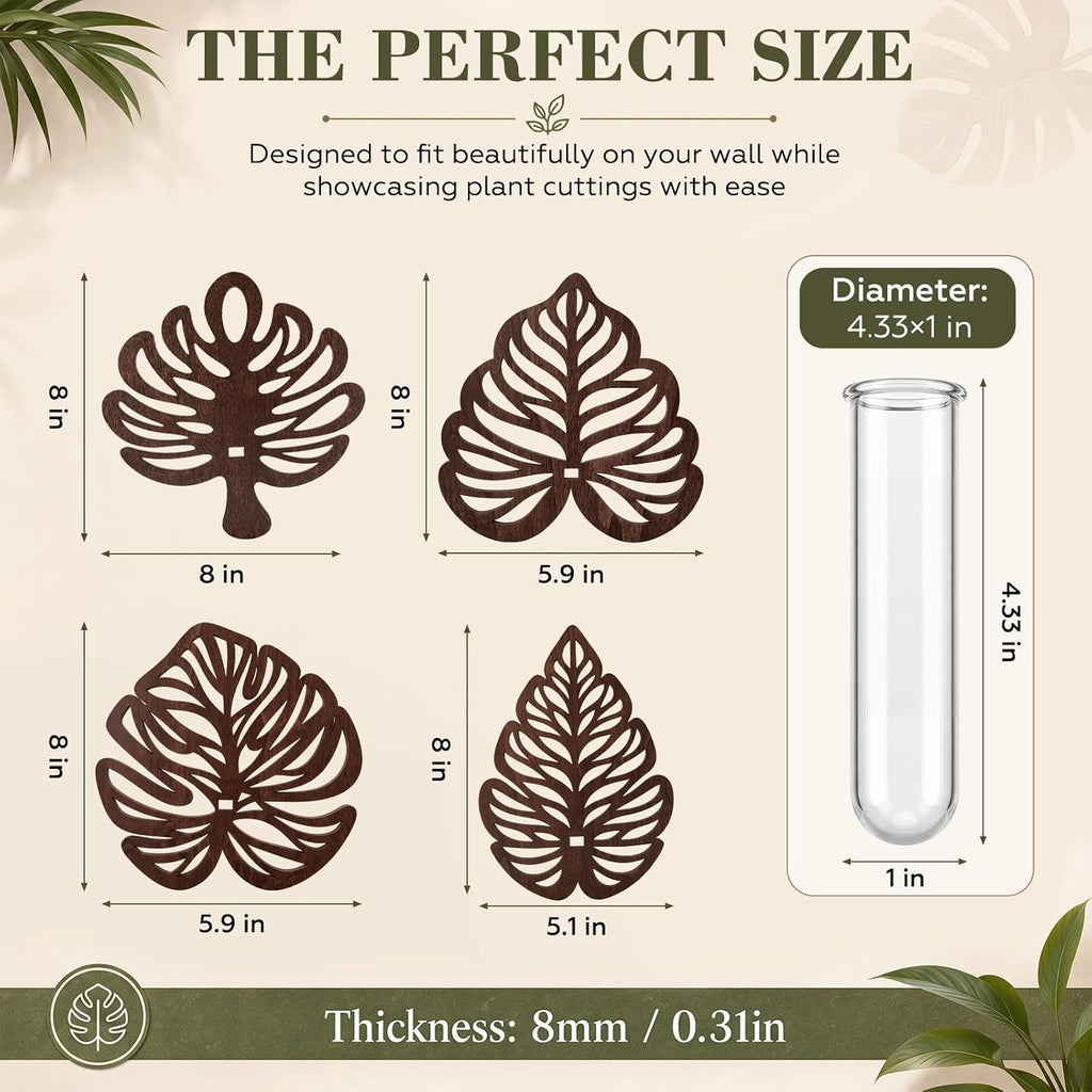 4 Sets Wooden Monstera Leaf Wall Mount, Leaf Shaped Hanging Wall Planter Terrarium Propagation Stations for Plants with