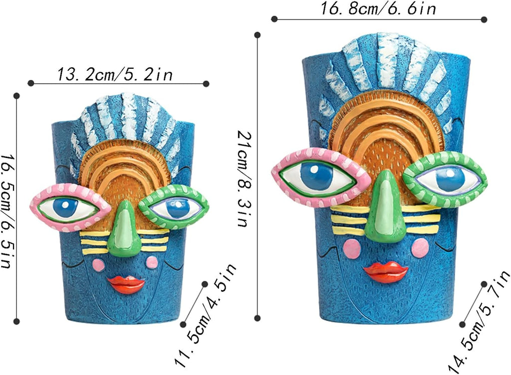 Picasso Blue Face Planter Pots/Vase, Colorful Abstract Head Planter Handmade Resin Flower Pot with Drainage Unique Home