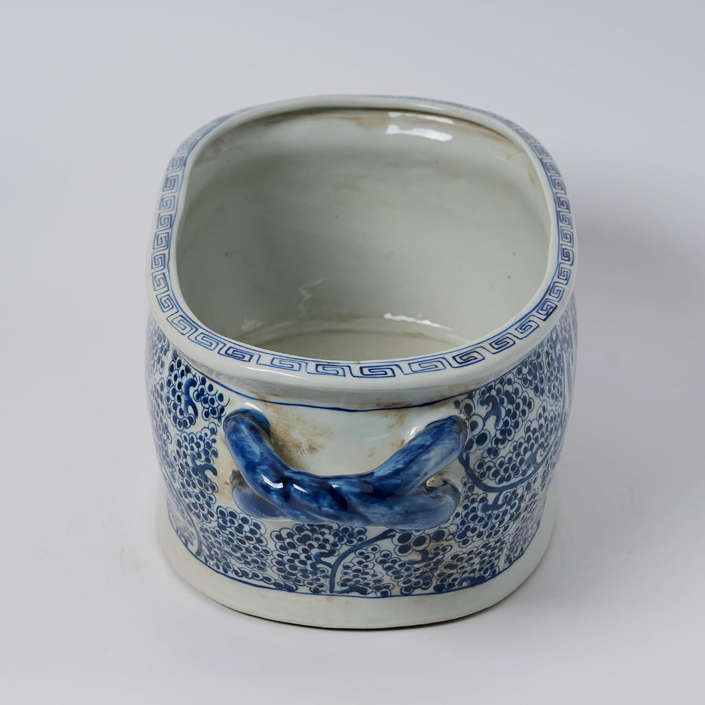 JINDEZHEN Vintage Blue and White Flower & Birds Porcelain Footbath Planter Chinoiserie Scenery Motif Ceramic Flower Pot