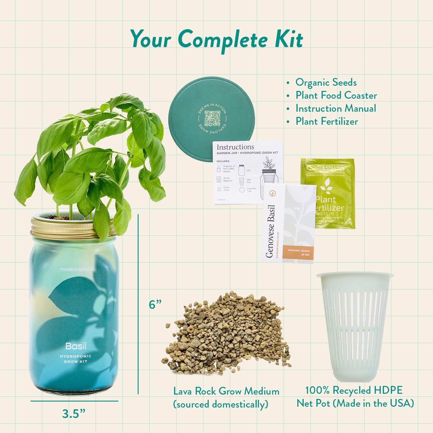 Modern Sprout Mason Jar+Replant Kit- Self-Watering Hydroponics System-Basil | Growing System Kit w/Organic Herb Seeds