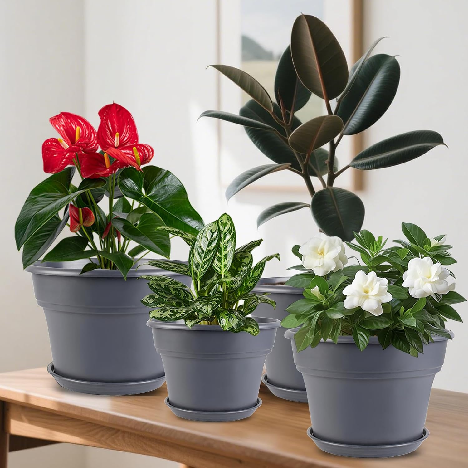 Myfeegoin 10-inch-Plant-Pots-Indoor-Outdoor, 4 Pack Plastic Planters with Drainage Holes & Saucers, Resin Flower Pots