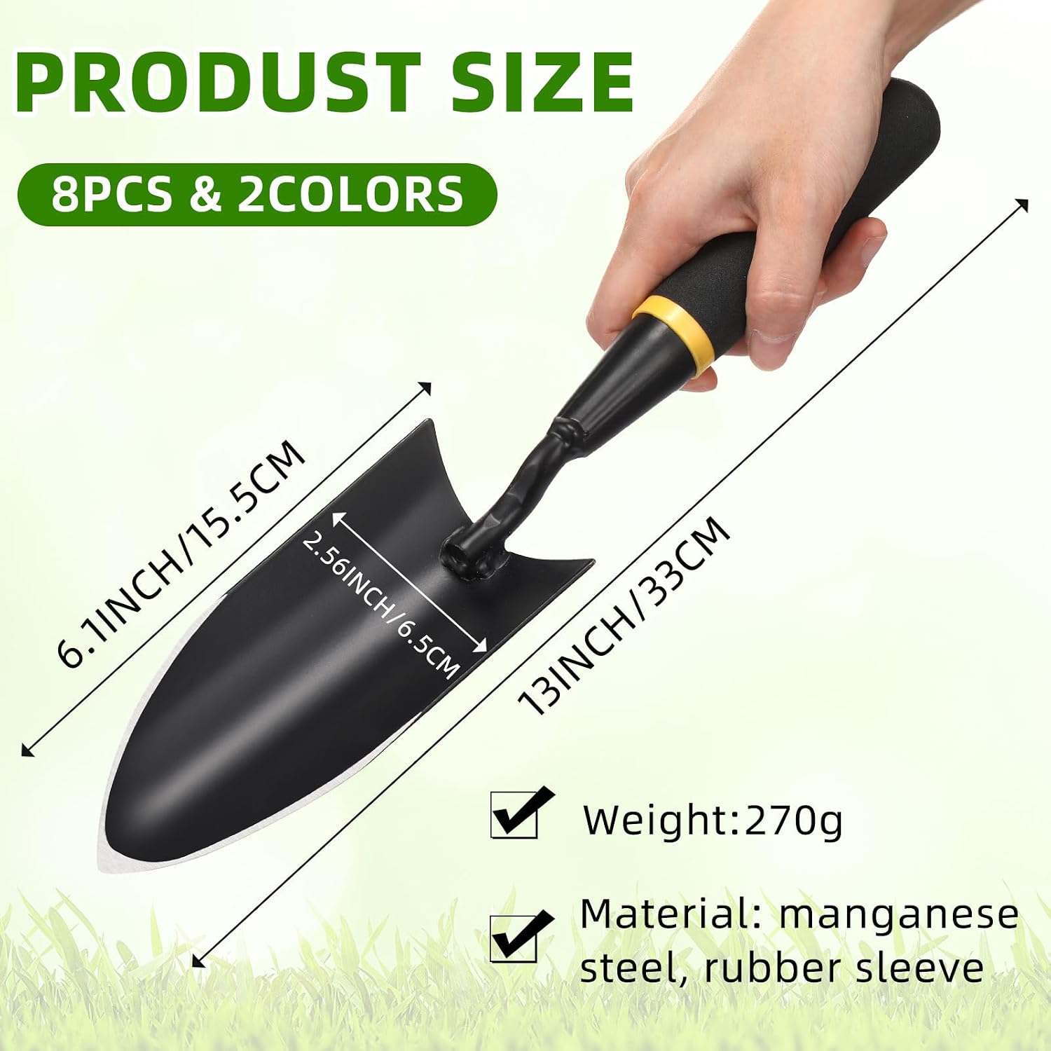 8 Pcs Garden Hand Trowel Heavy Duty Carbon Steel Garden Shovels Tools with Resin Rubberized Handle for Camping