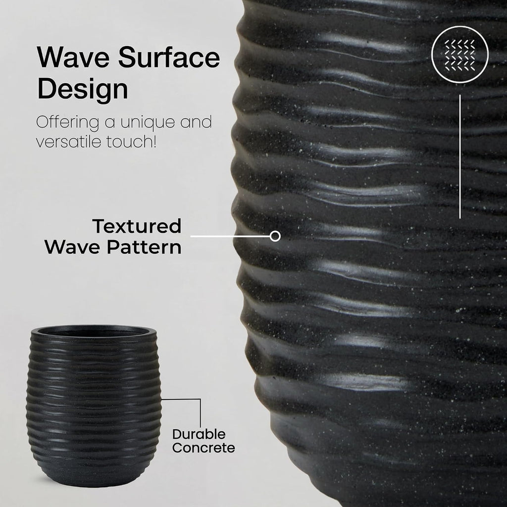 15" Dia x 16.5" H Concrete Planter with Wavy Texture, Black - 1 Pack | Large Flower Pot with Drainage Hole and Silicone