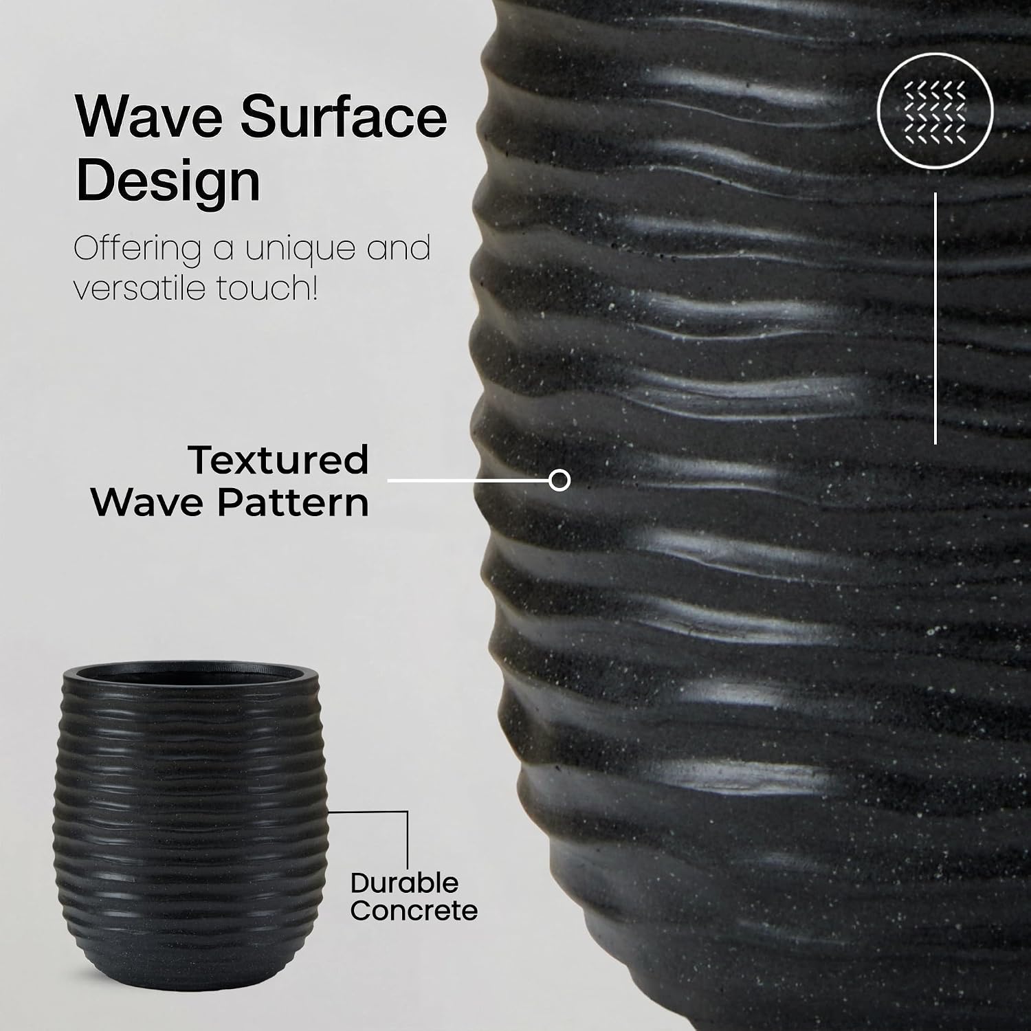 15" Dia x 16.5" H Concrete Planter with Wavy Texture, Black - 1 Pack | Large Flower Pot with Drainage Hole and Silicone