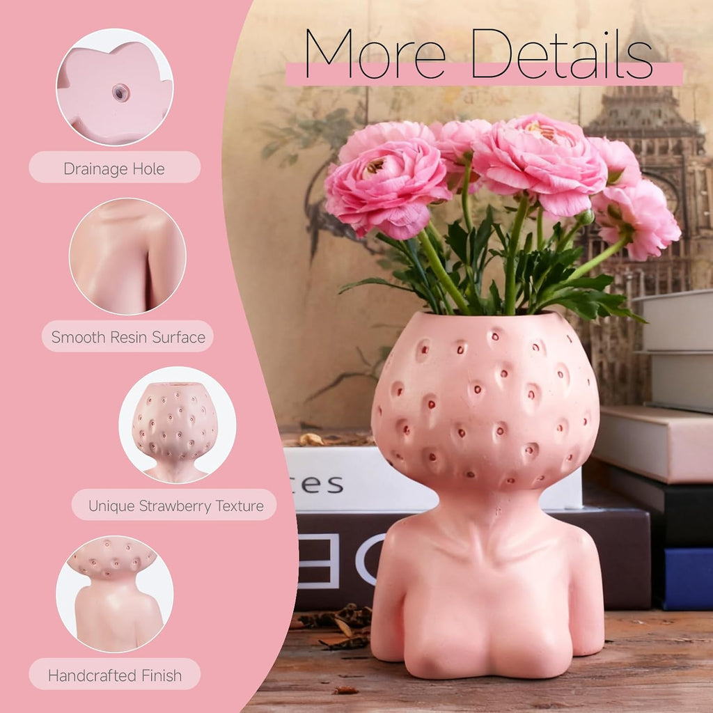 Female Body Vase, Strawberry Face Planter for Decor, Unique Cute Head Planter Pot Bust Planter with Drainage Hole