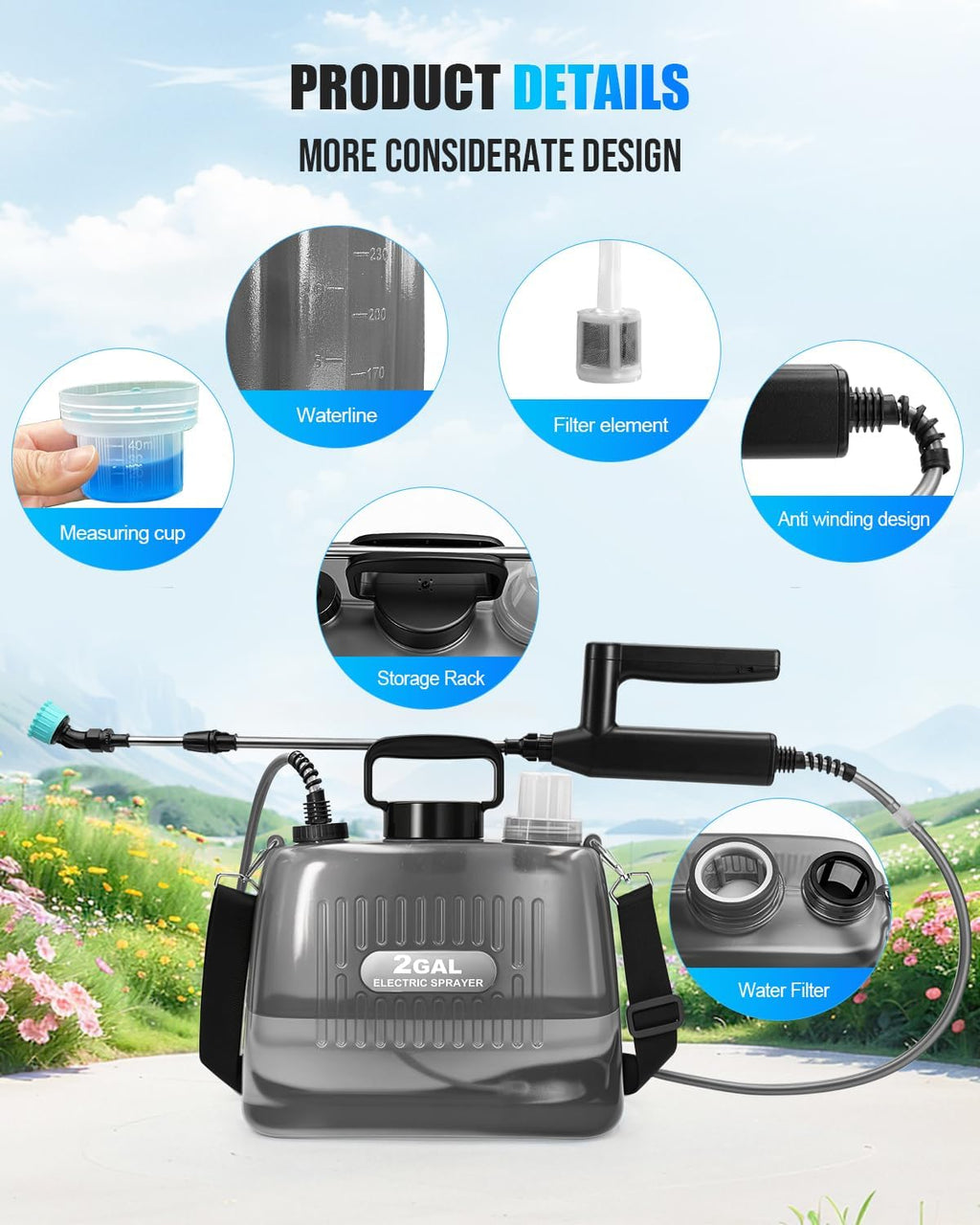 Battery Powered Sprayer 2 Gallon, Electric Weed Sprayer with 3 Adjustable Pressure Levels, 4 Nozzles & Extendable Wand