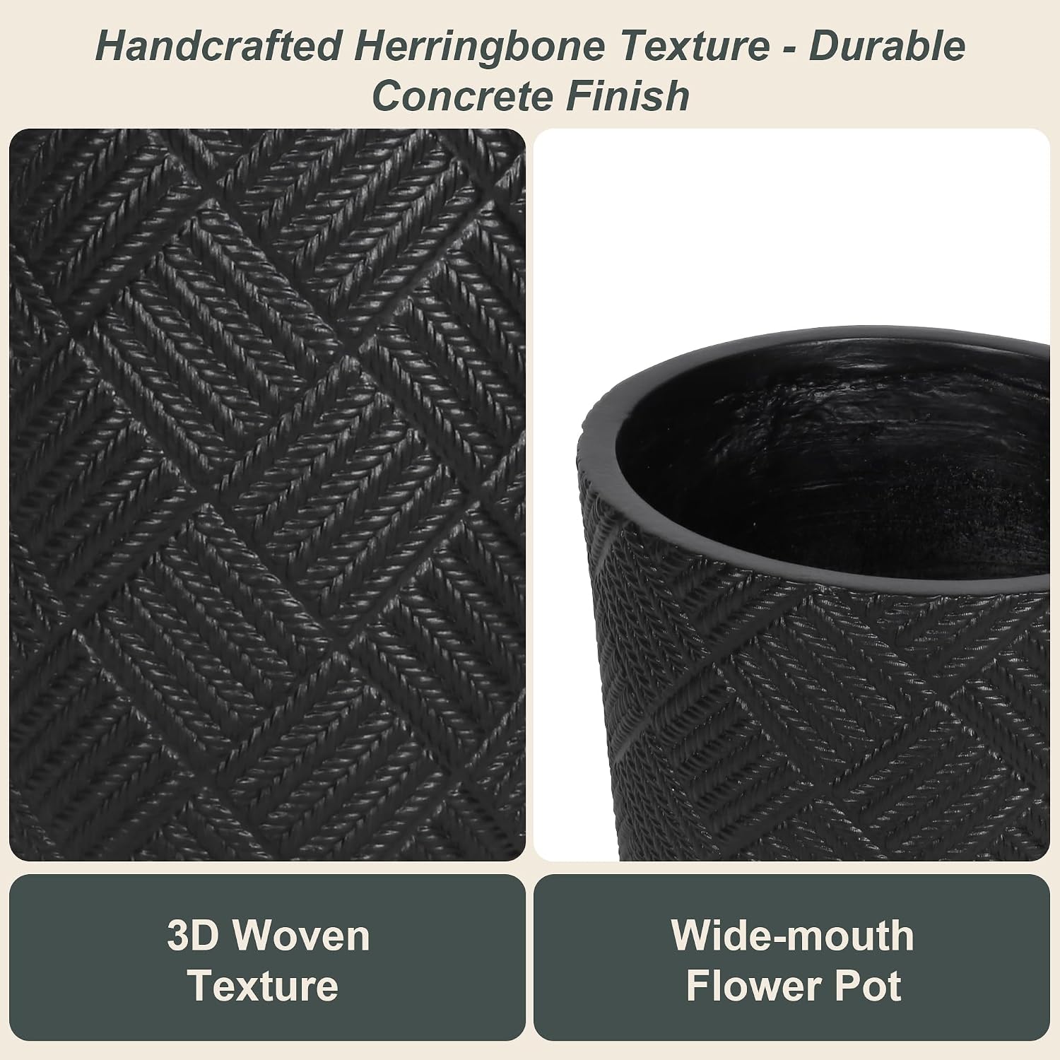 Oakrain 17.7" Tall Planter for Indoor Plants, Black Large Floor Planter | Flower Pot with Handcrafted Herringbone