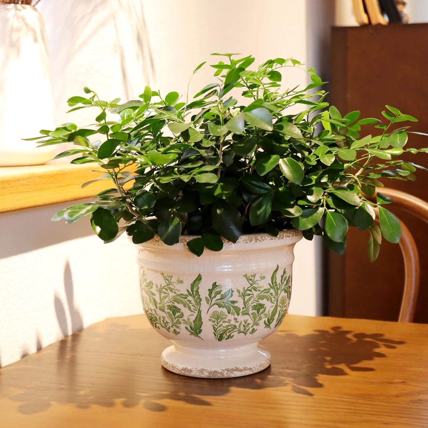 Vintage Ceramic Planter Pot with Drainage, 6.8 Inch Large Crackle Glaze Flower Pot with Green Floral Leaf Pattern for