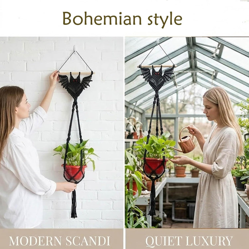 2-Pack Boho Bat Shape Gothic Plant Hanger, Macrame Handmade Pot Holder with Wooden Stick, Black Color Pot Holder for
