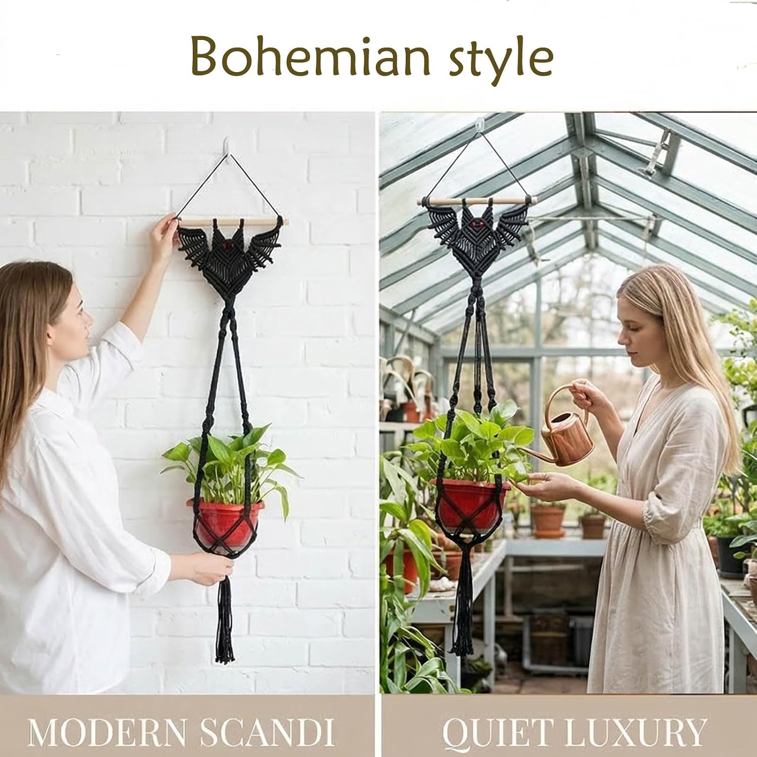 2-Pack Boho Bat Shape Gothic Plant Hanger, Macrame Handmade Pot Holder with Wooden Stick, Black Color Pot Holder for
