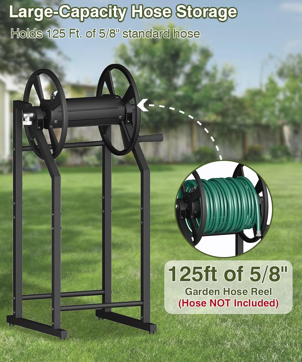4-Spike Garden Hose Reel with 3.9ft Leader Hose & Stainless Fitting, Outdoor Hose Holder holds 125ft Hose of 5/8"