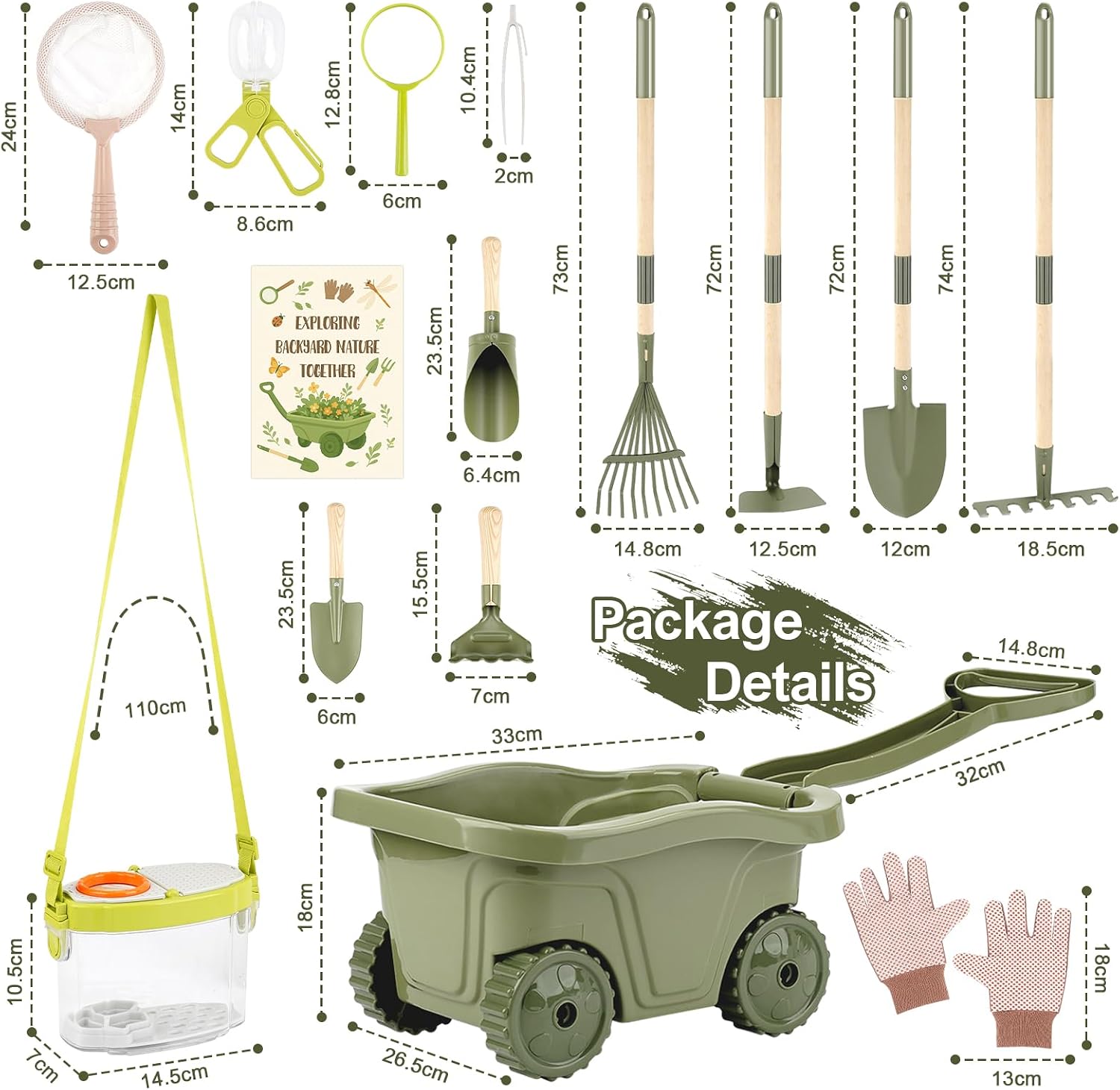 Dreamon Kids Gardening Set, 14Pcs Kids Gardening Tool with Bug Catching Kit | 2-in-1 Outdoor Toys with Wheelbarrow and