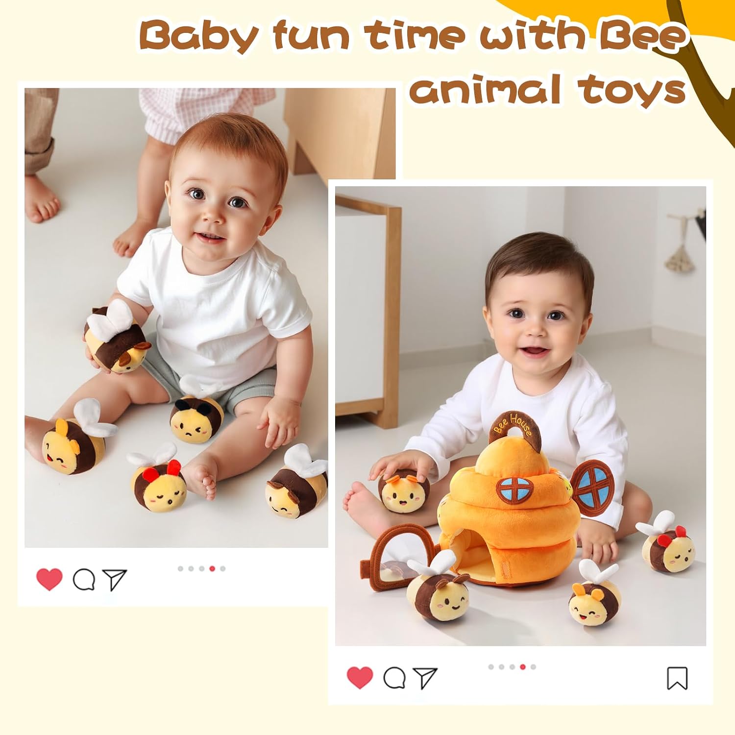 Koty Baby Toys 6-12 Months,Bee House Sensory Learning Toy, Beehive wtih wtih rattles, Squeaker, Mirror,5pcs Yellow