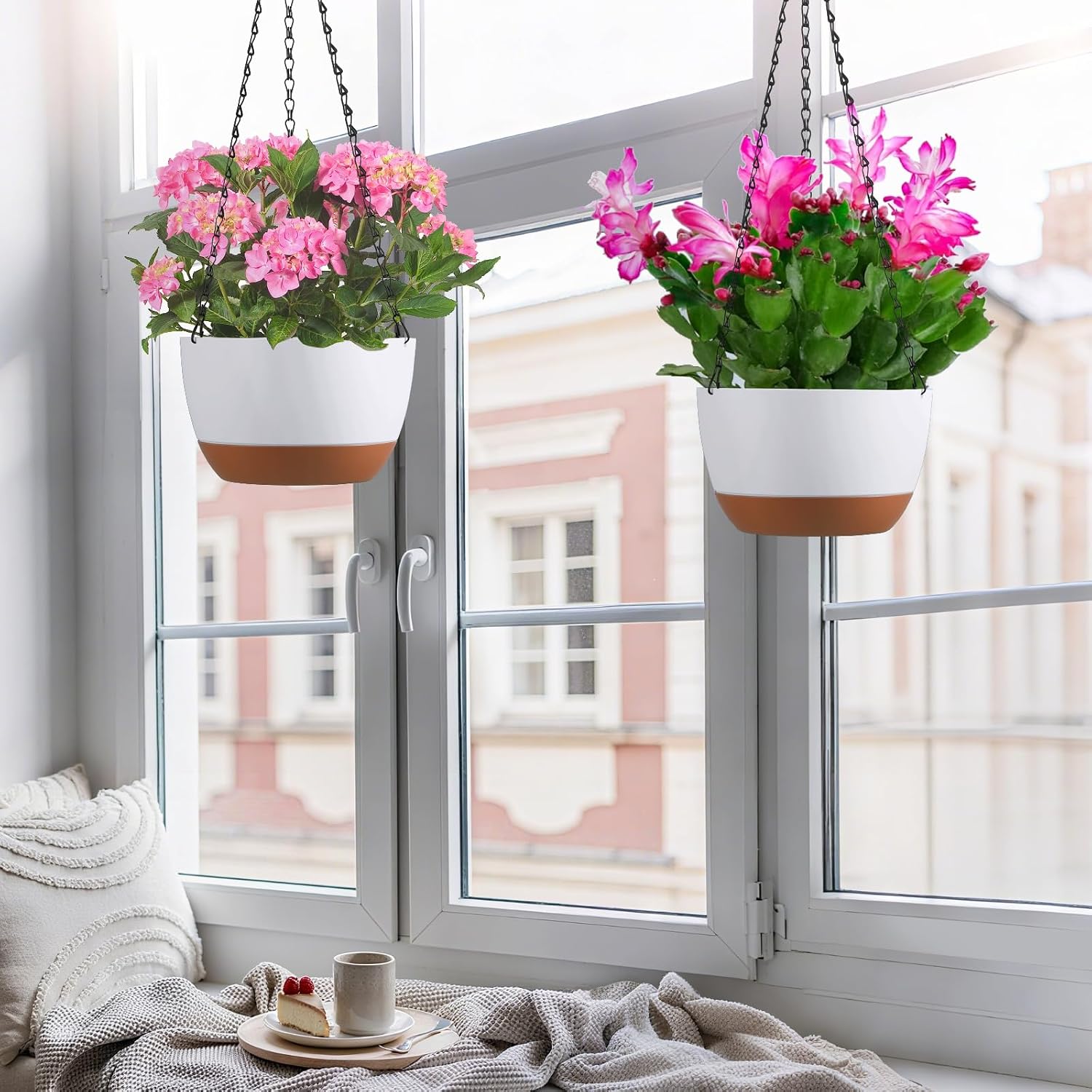 Set of 2-10 Inch Hanging Planters for Indoor Outdoor Plants | Self-Watering Hanging Flower Pots with Drainage Hole &