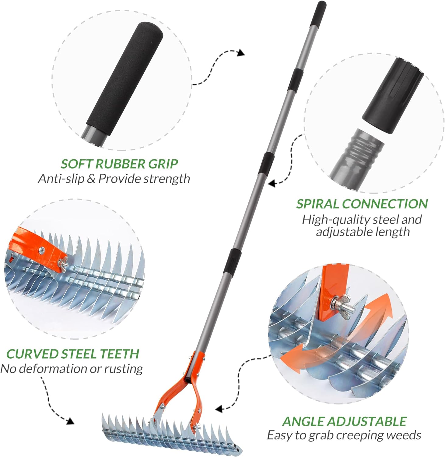 Thatch Rake for Lawn with Adjustable Handle Heavy Duty Steel Lawn Rake