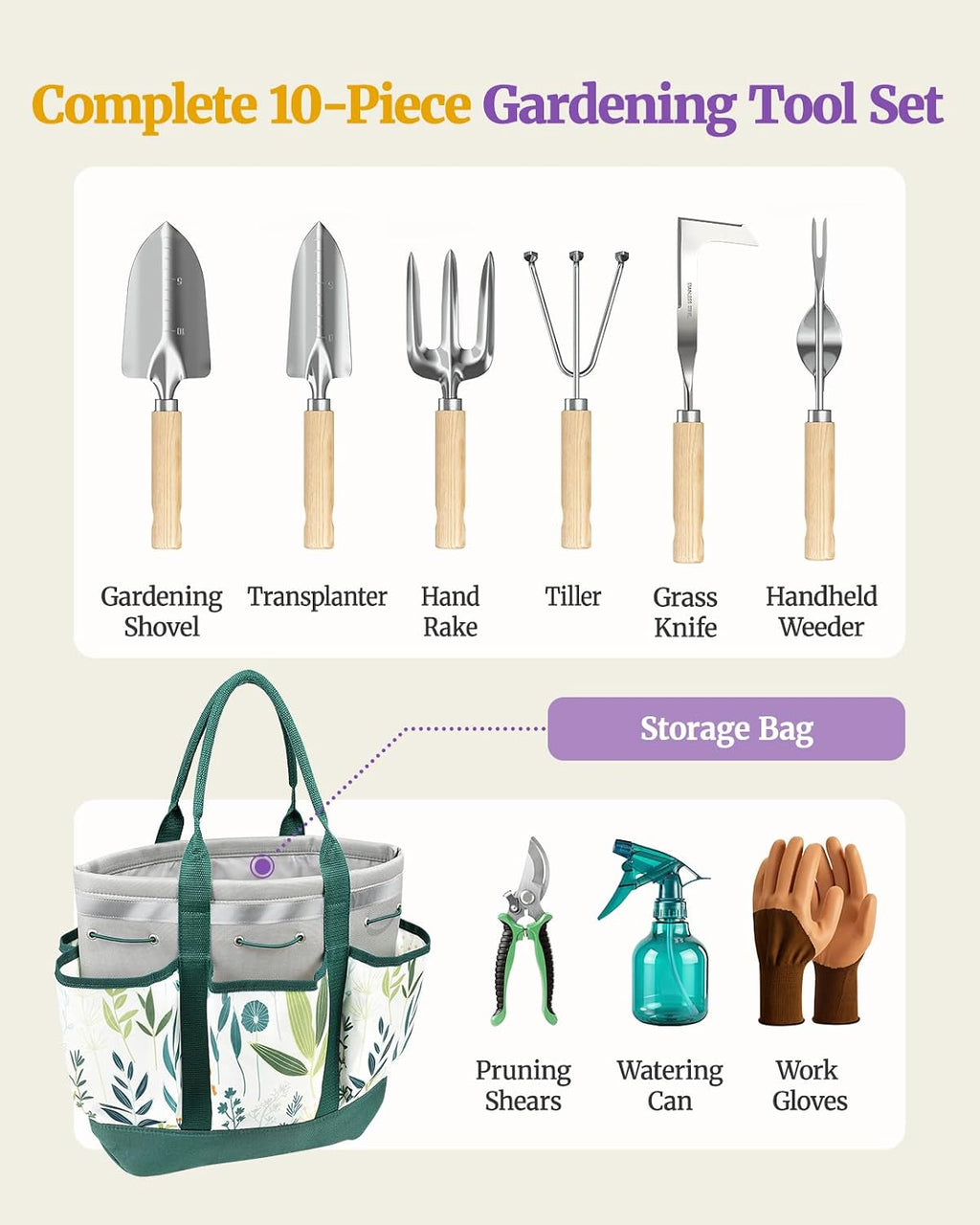 10Pcs Garden Tool Set, Rust-Proof Stainless Steel, Ash Wood Handles, Green | High-Hardness Tool Heads, Reinforced