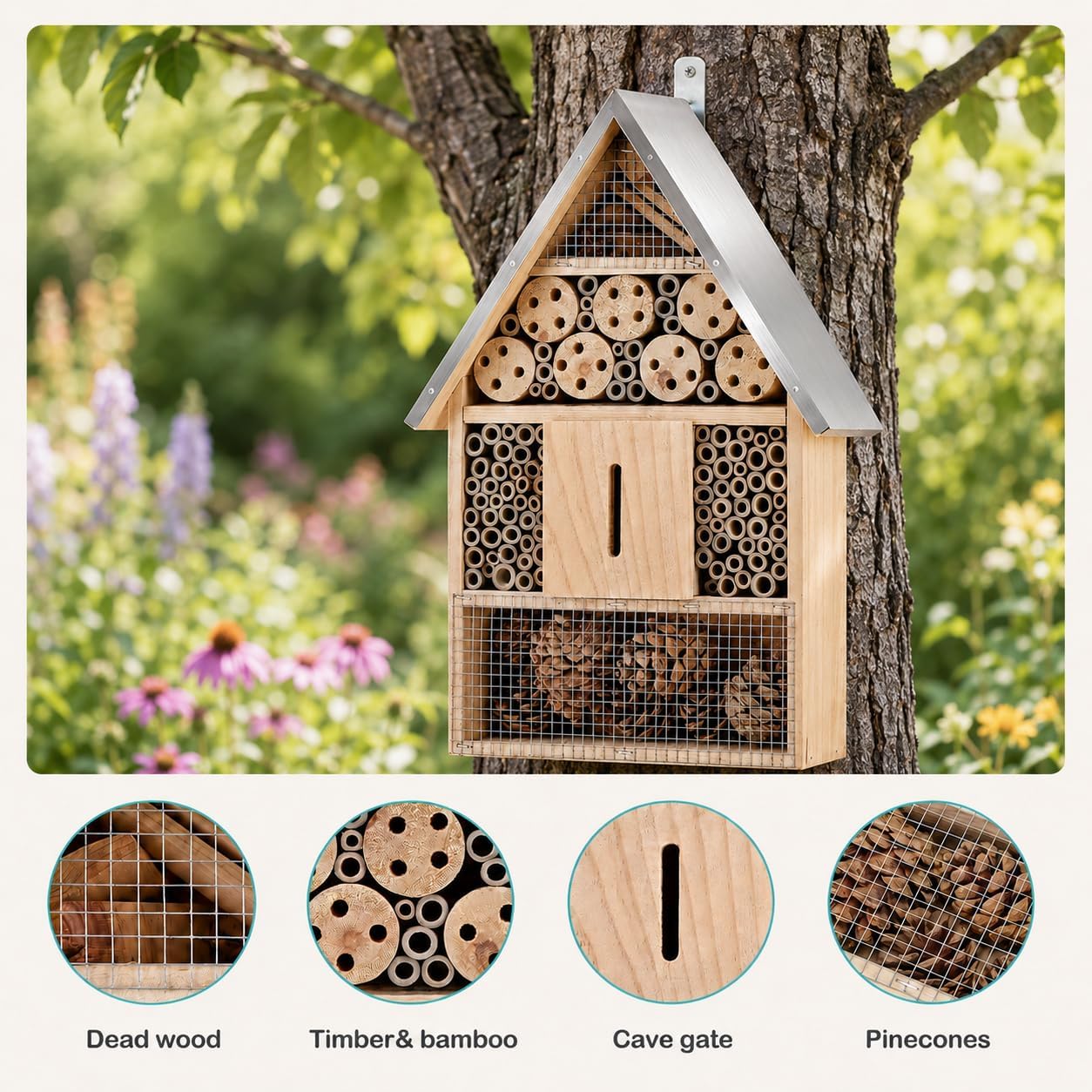 Wooden Mason Insect Bee Butterfly House,Insect Hotel,an Outdoor Hanging Bamboo Habitat for Bee Butterfly Ladybugs