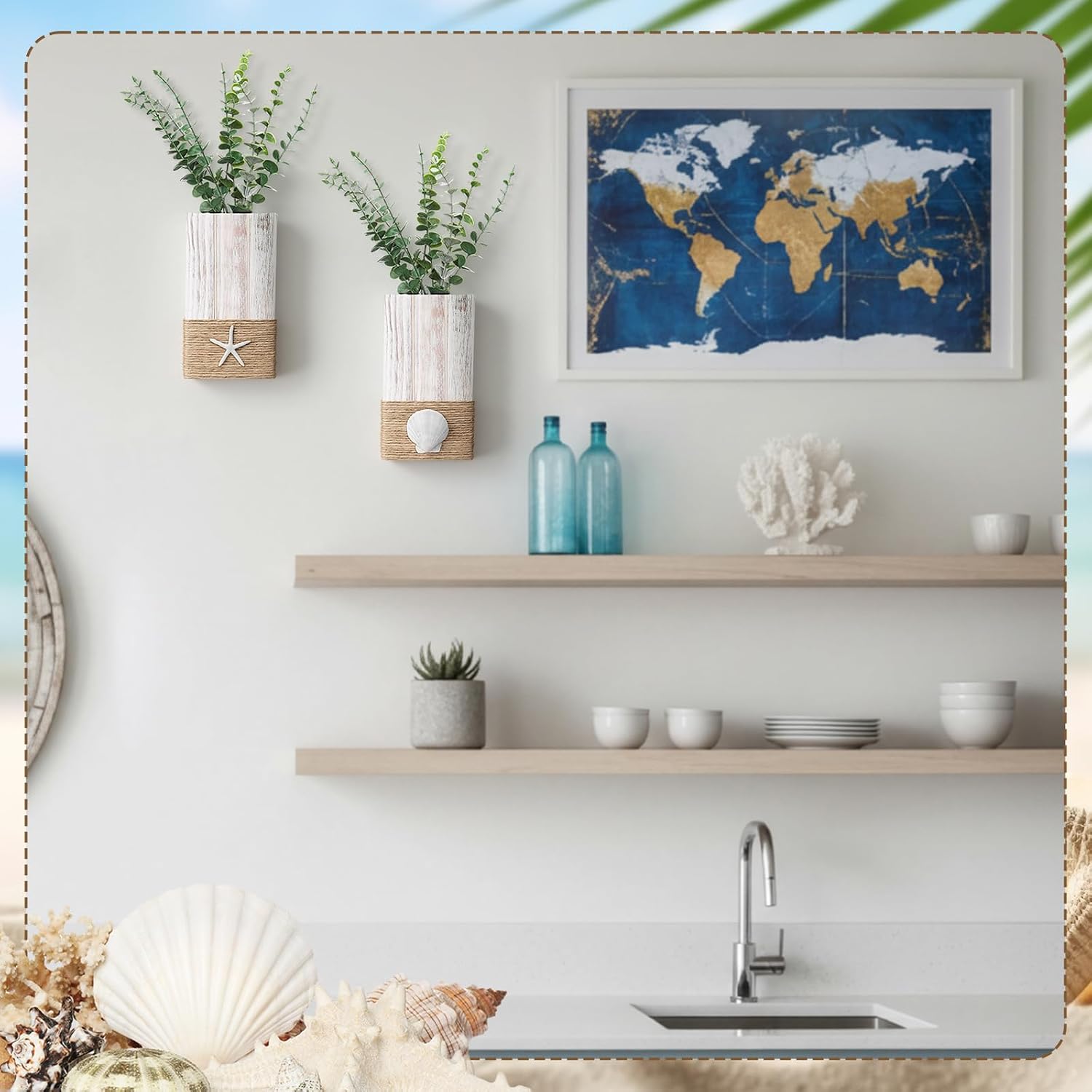 AceOrbit 2 Pcs Beach Rustic Wood Wall Planter Vase Beach Room Decor Nautical Coastal Farmhouse Wall Hanging Decor