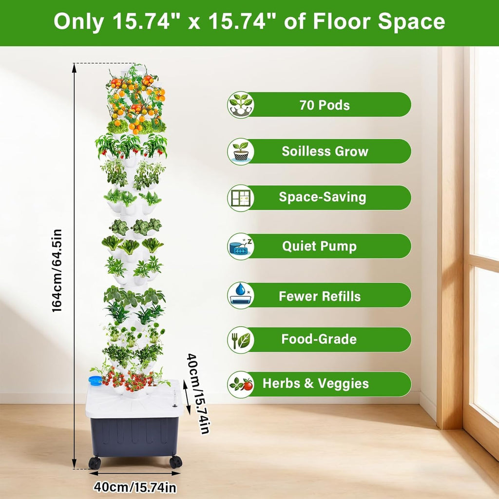 Hydroponic Tower, 14-Layer Hydroponics Growing System Kit with 70 Slots, Vertical Garden System with 20L Water Tank and