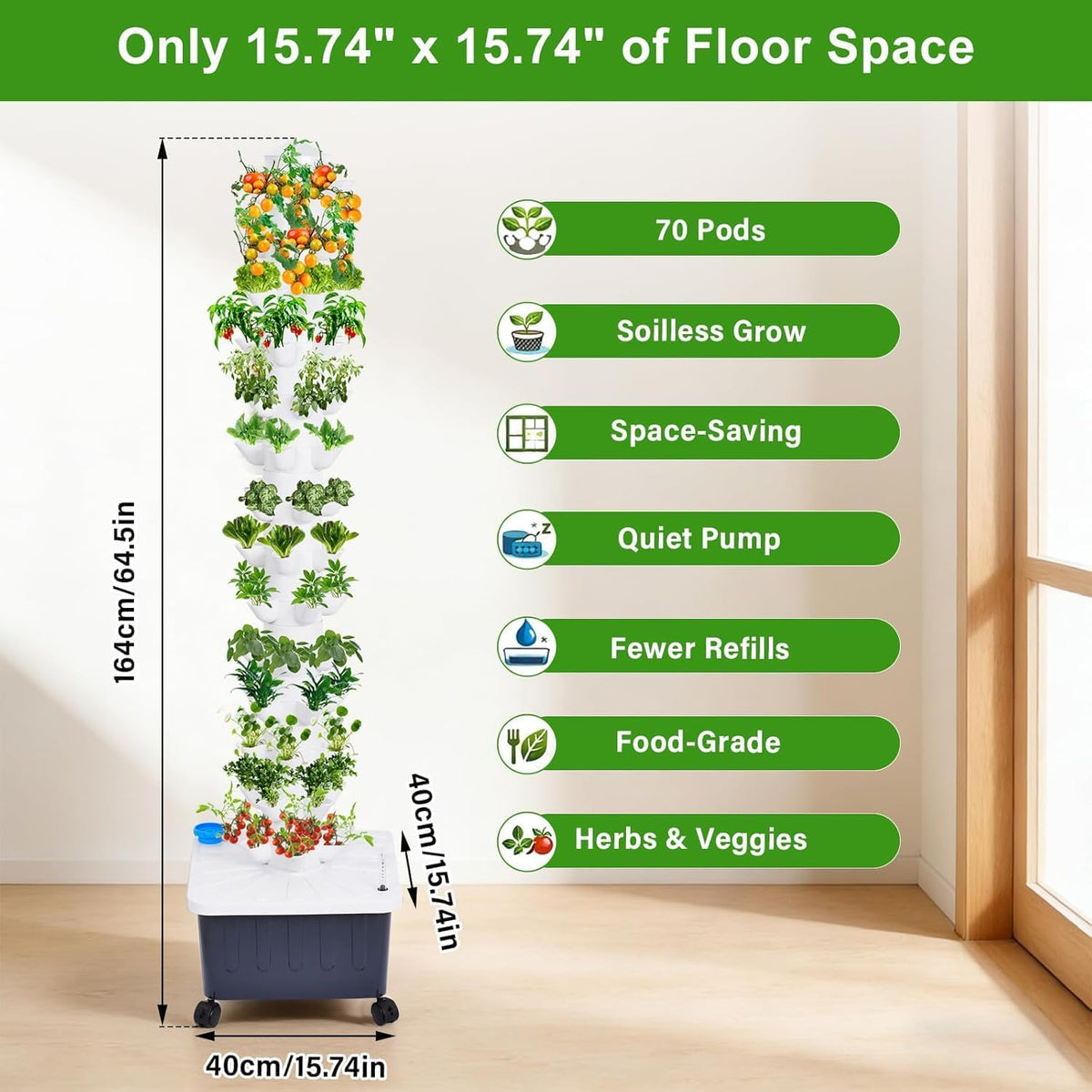 Hydroponic Tower, 14-Layer Hydroponics Growing System Kit with 70 Slots, Vertical Garden System with 20L Water Tank and