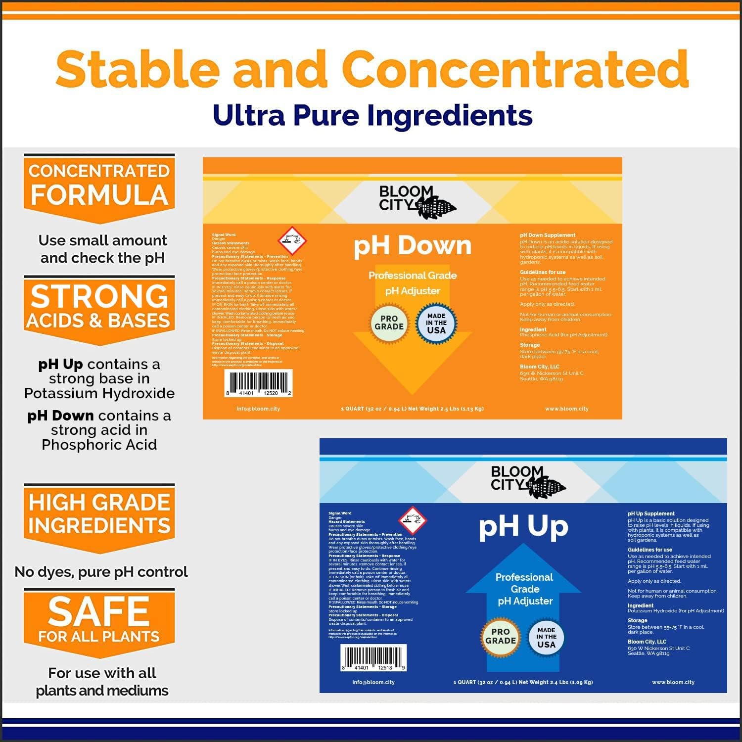 Bloom City pH Up & Down Control Kit for Optimal Nutrient Uptake, 1 Quart | Helps Avoid Nutrient Lockout, For Hydroponic