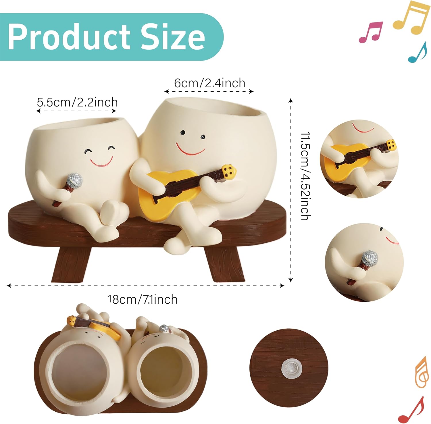 Smiley Face Planter Pot,Unique Double Head Guitar Singing Planter | with Drainage Hole Resin Cute Plant Pot,for Indoor