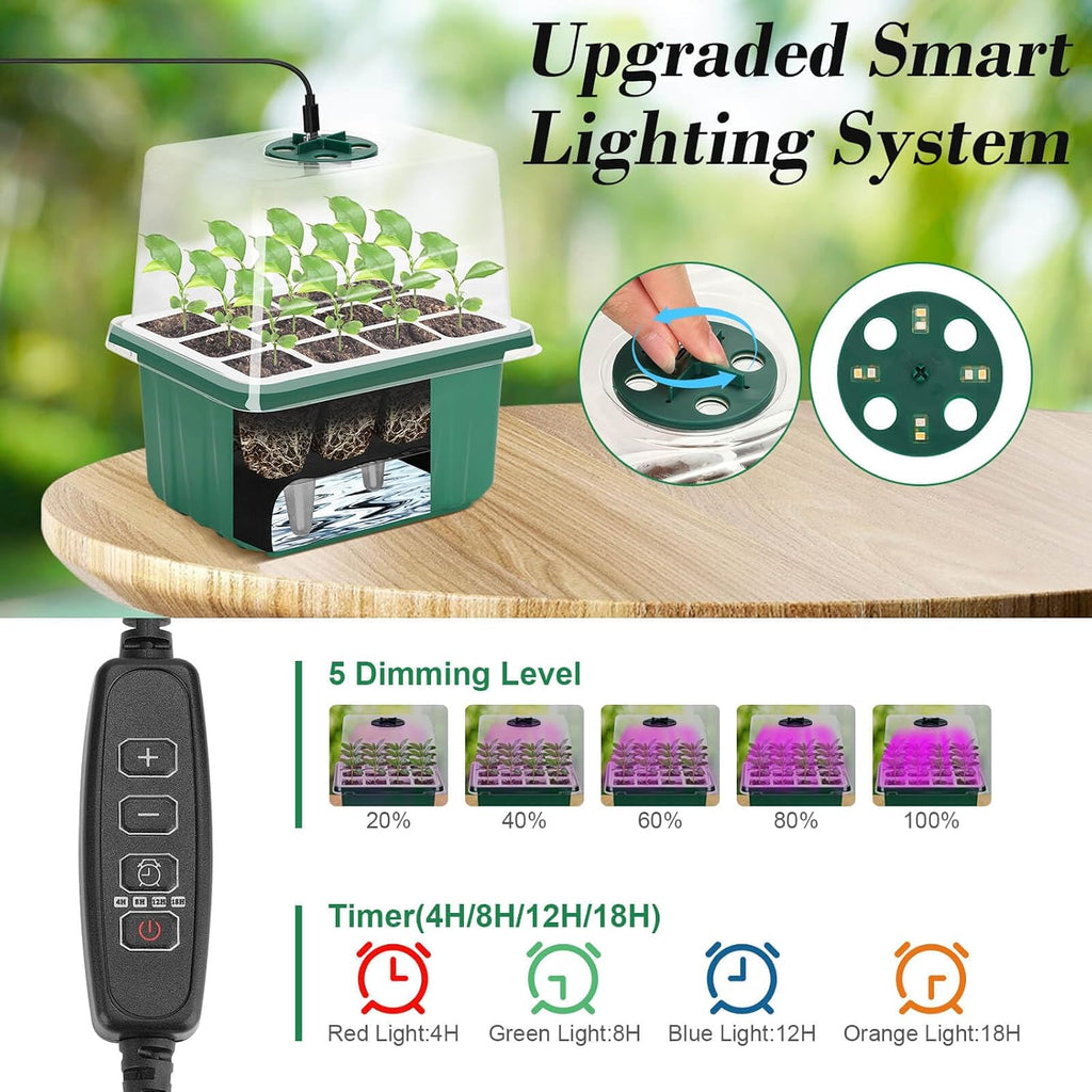 4 Set Self-Watering Seed Starter Tray Kits with Grow Light, Reusable Seed Germination Kit with Adjustable Humidity