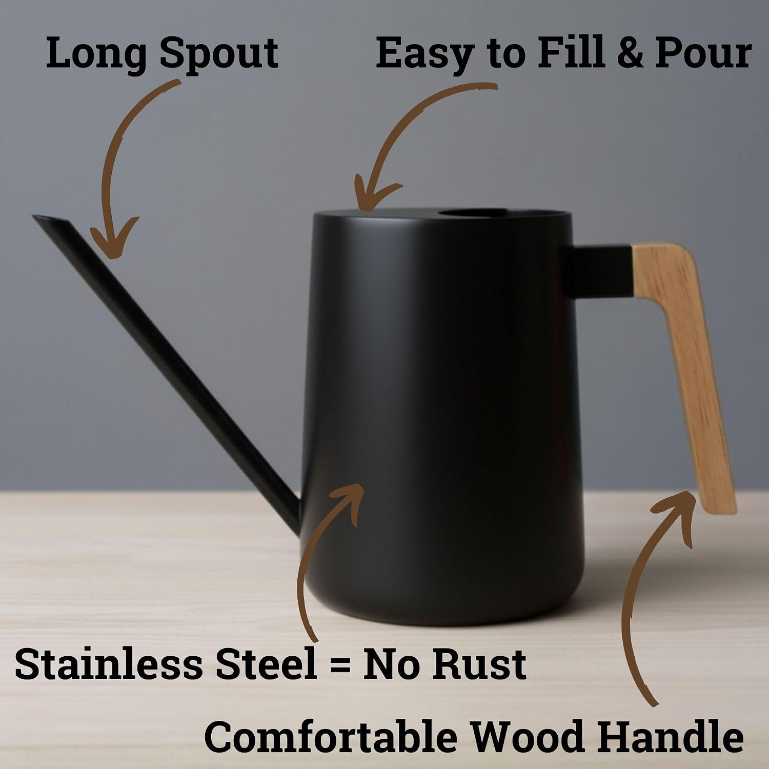 Metal Small Indoor Watering Can with Long Spout & Real Wood Handle, 35oz | Long Spout, Stainless Steel, Real Wood