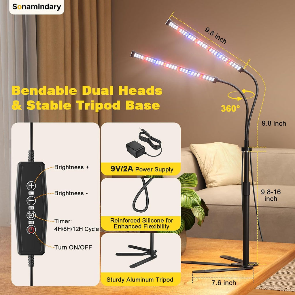 LED Grow Lights for Indoor Plants, Tripod Stand, Dual Head | 120 LEDs, Upgraded 9V System, 9.8-35 in Adjustable Tripod